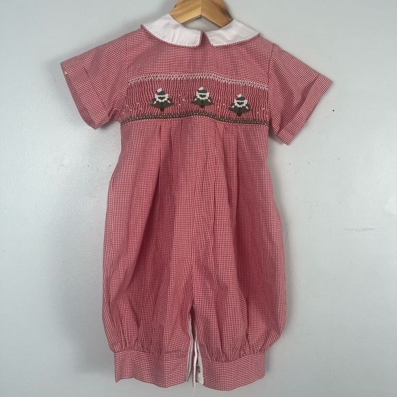 Vintage Wish upon a star red gingham Christmas tree smocked romper size 1 uni - Picture 1 of 7